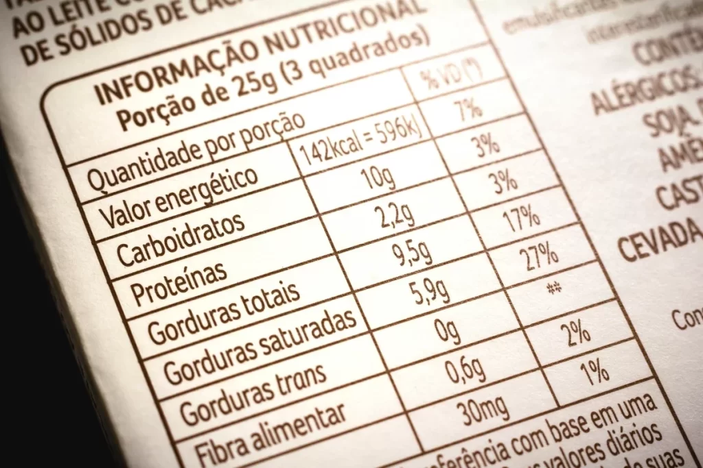 rótulo com informação nutricional de uma embalagem de alimento, com ingredientes